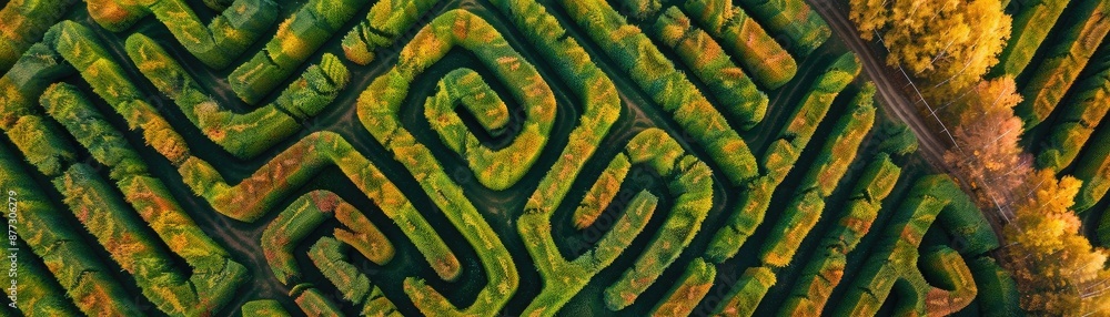 Aerial view of a lush green maze with intricate pathways, surrounded by dense forest. A vibrant, scenic representation of nature and complexity. Aerial view of a lush green maze with intricate pathways, surrounded by dense forest. A vibrant, scenic representation of nature and complexity.