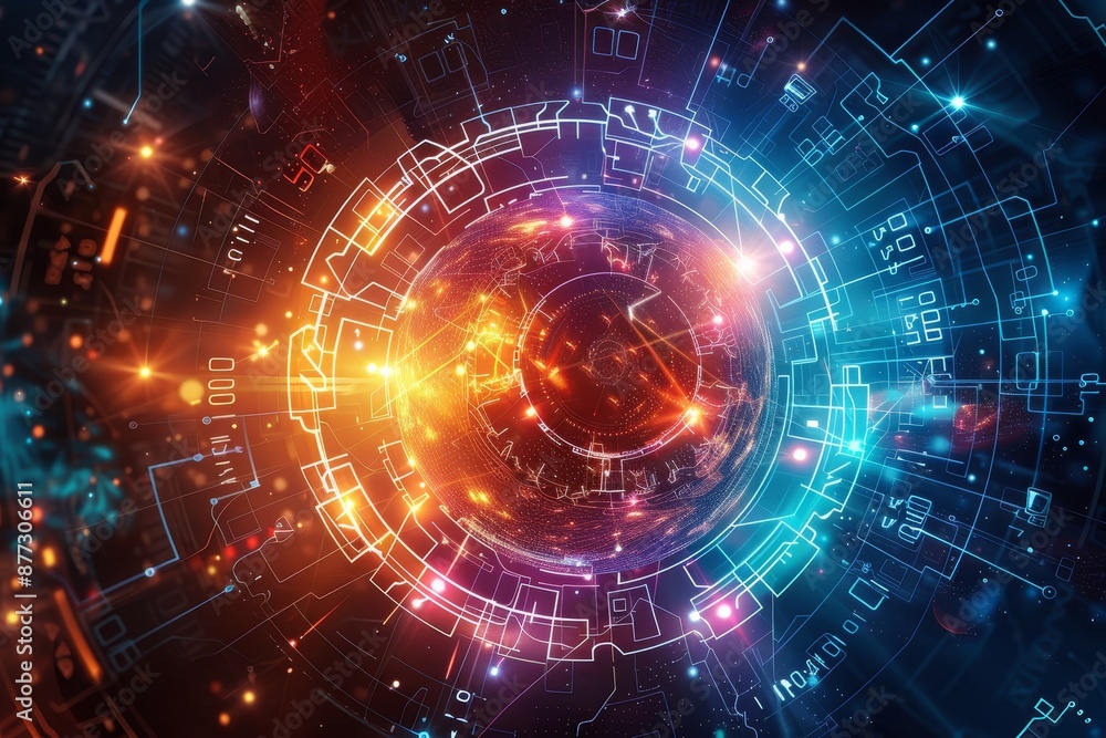 An abstract sci-fi background with lens flares portrays space or time travel over bright lights in a futuristic setting An abstract sci-fi background with lens flares portrays space or time travel over bright lights in a futuristic setting