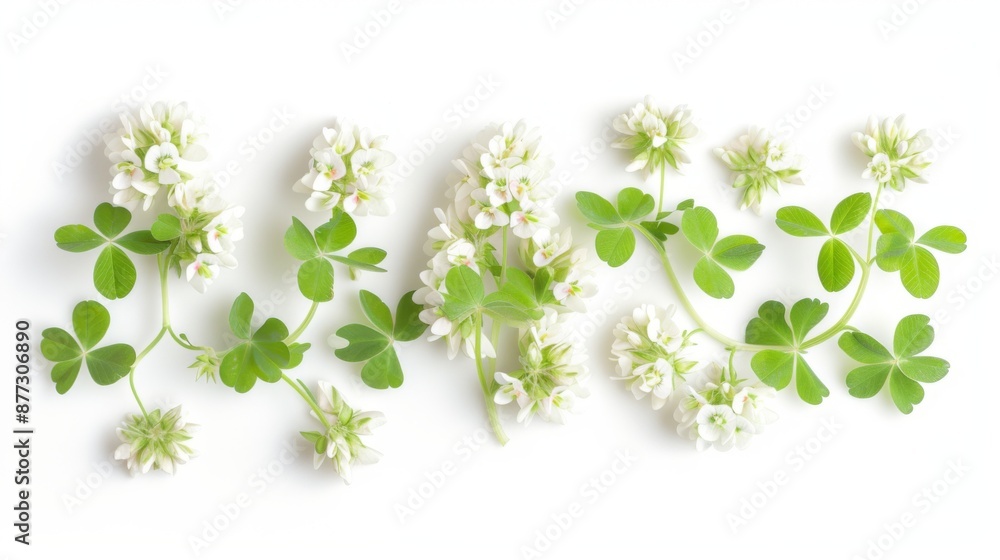 Fototapeta premium Spread a few clover flowers evenly on a white background