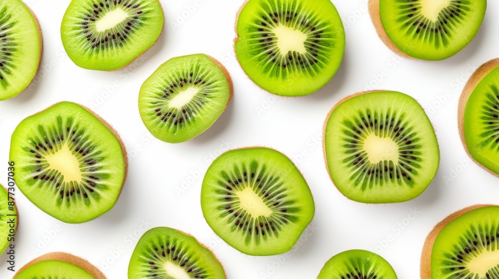 Kiwi fruit and slices arranged on a white background Kiwi fruit and slices arranged on a white background