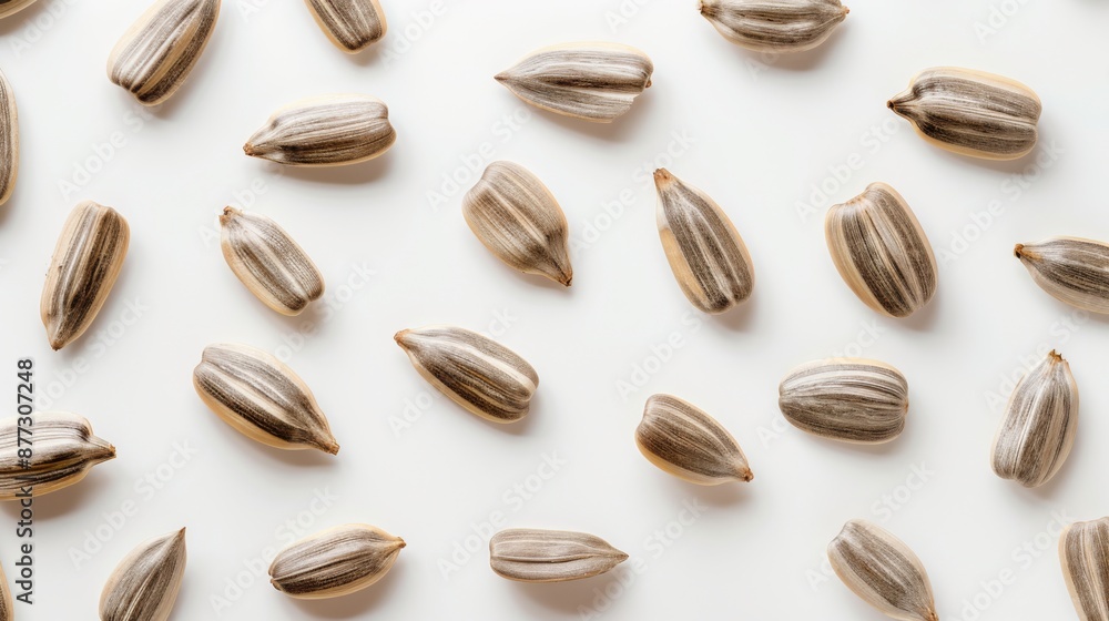 Sunflower seeds spread on a white background Sunflower seeds spread on a white background