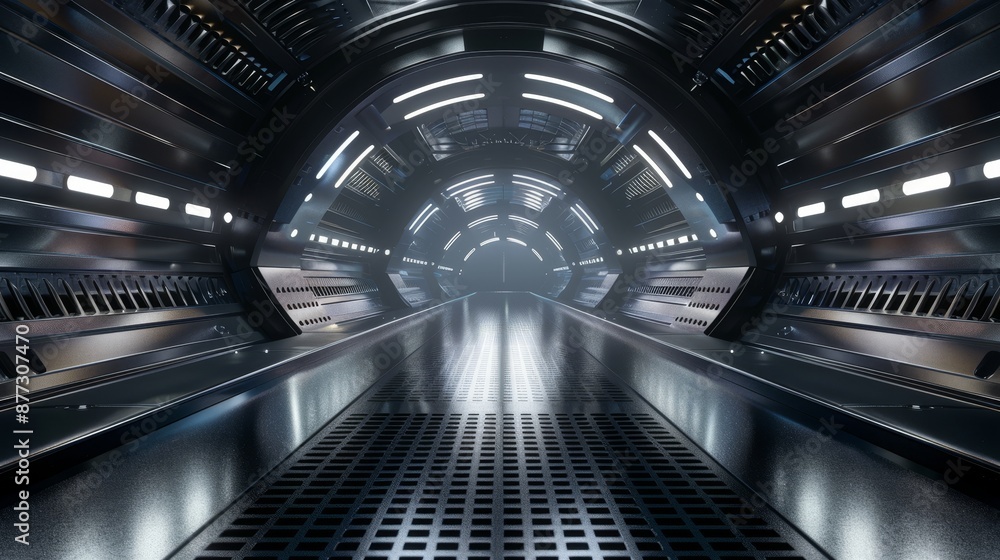 Obraz premium 3D rendering image. Abstract glowing lines. Technology futuristic background. Sci-fi neon lines in a dark tunnel. Reflections on the floor and ceiling.