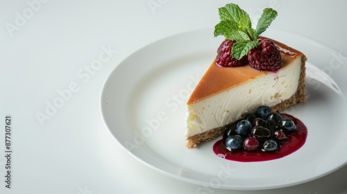 Close-Up of Classic New York Cheesecake with Mint Garnish and Berry Compote on White Plate