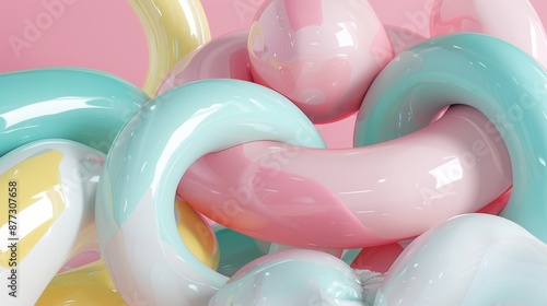 A highly detailed and vibrant 3D abstract composition with a playful surreal aesthetic The image features various inflatable cushionlike shapes in soft pastel colors floating against a gradient backgr photo