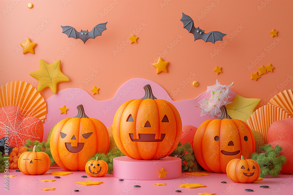 Fototapeta premium A Halloween scene with pumpkins and bats