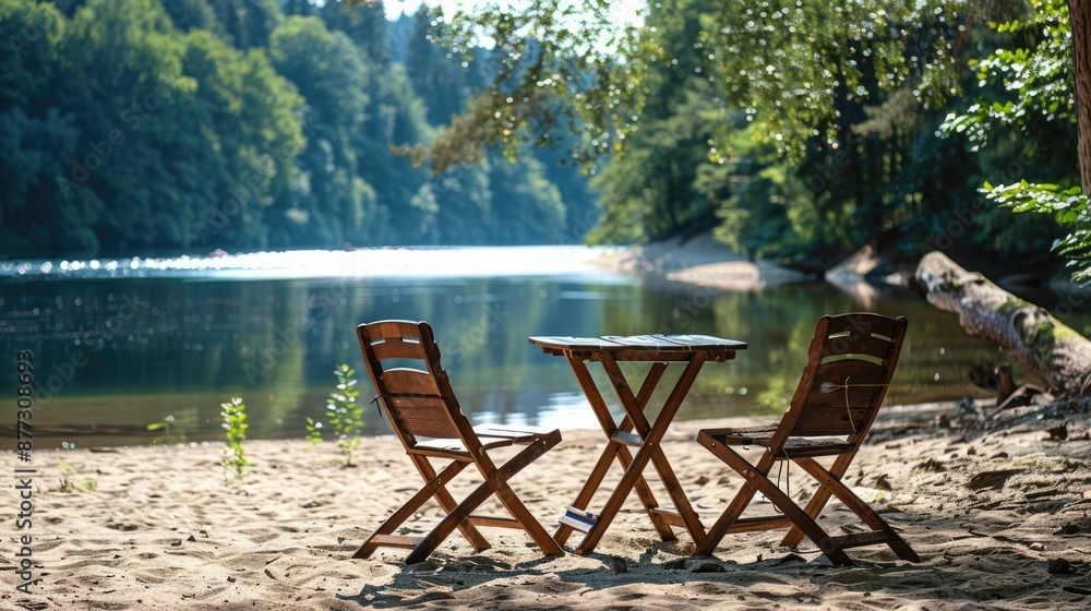 Camp Chairs. Hiking and Tourism Theme, Two Empty Chairs and Picnic Table on Beach Camp Chairs. Hiking and Tourism Theme, Two Empty Chairs and Picnic Table on Beach