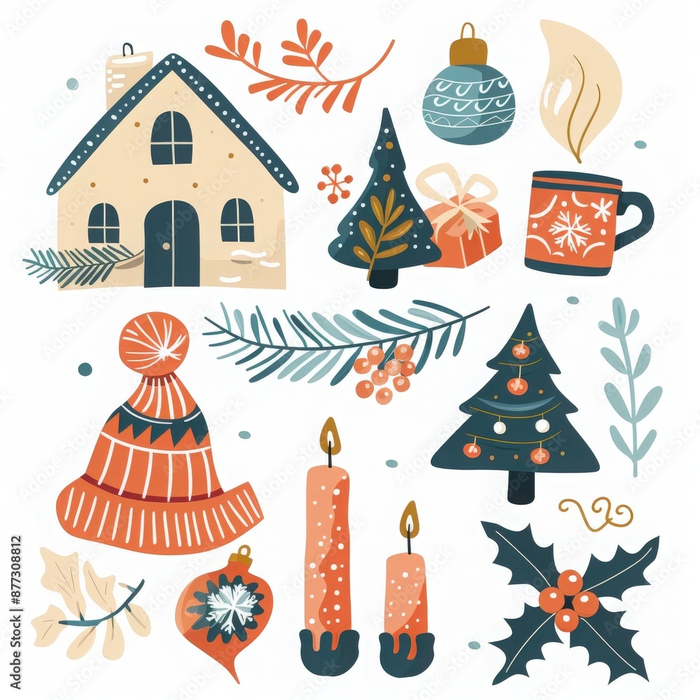 A festive collection of Christmas decorations including candles, trees, gifts, and warm winter apparel in a cozy, illustrated style. A festive collection of Christmas decorations including candles, trees, gifts, and warm winter apparel in a cozy, illustrated style.