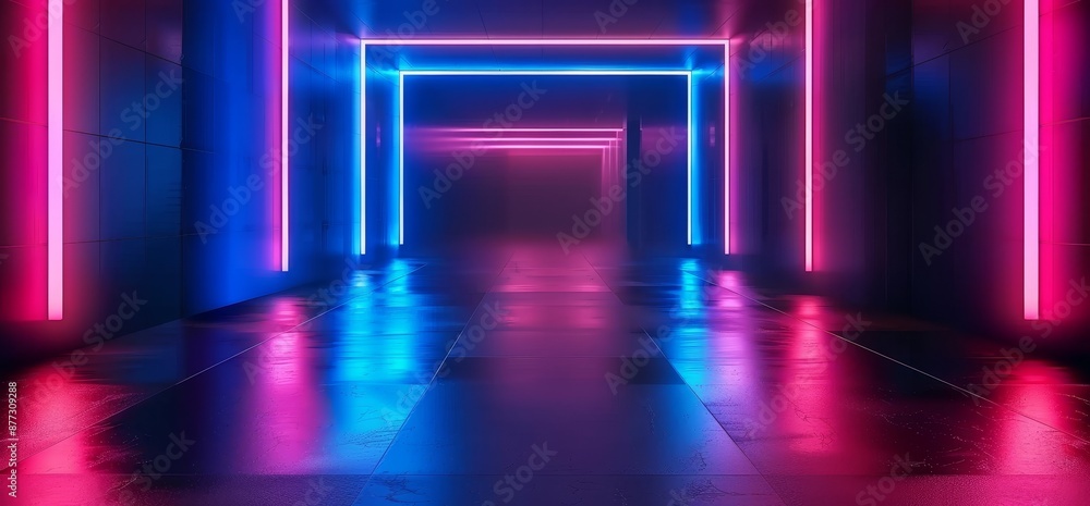 An abstract 3D rendering of a dark neon sci-fi futuristic futuristic ceiling light in a garage stage tunnel room hall. An abstract 3D rendering of a dark neon sci-fi futuristic futuristic ceiling light in a garage stage tunnel room hall.