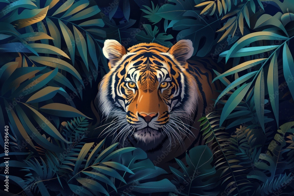 Tiger Back Drop Flat design illustration of a powerful tiger prowling through the ...