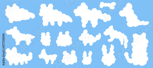 Illustration of white clouds in the shape of animals on light blue background, for baby and kids
