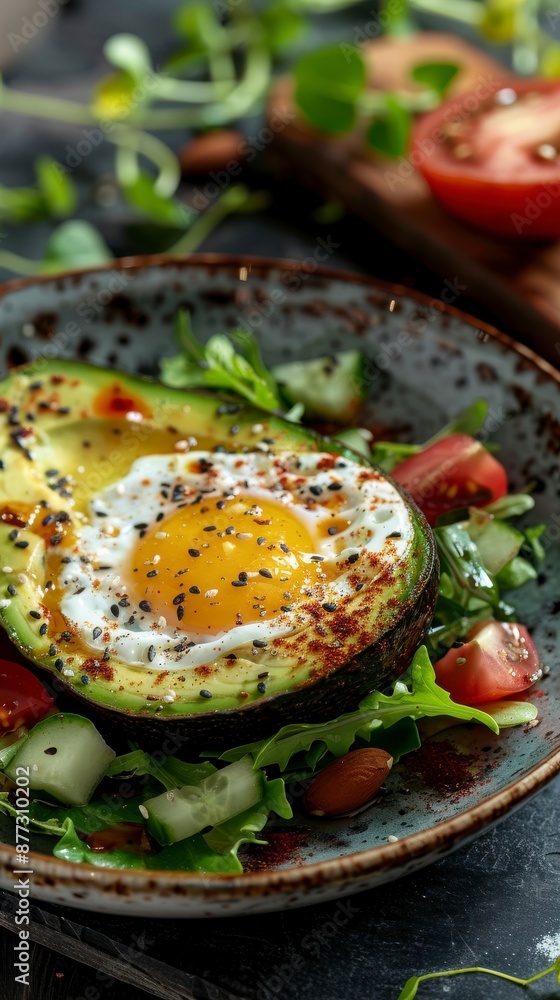 A fried egg in a halved avocado with a side of green salad and tomatoes A fried egg in a halved avocado with a side of green salad and tomatoes