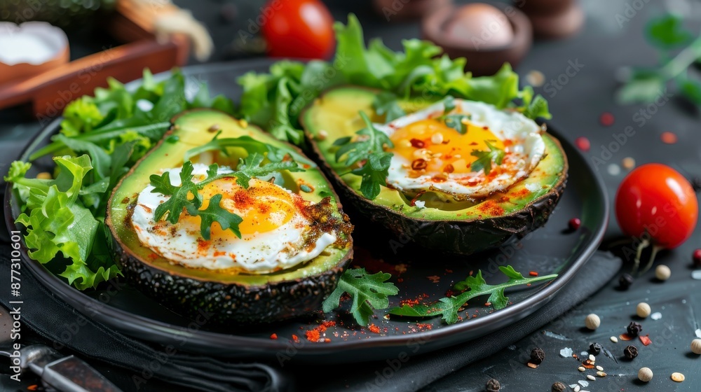 Two avocado halves filled with fried eggs, fresh greens, and spices on a black plate Two avocado halves filled with fried eggs, fresh greens, and spices on a black plate