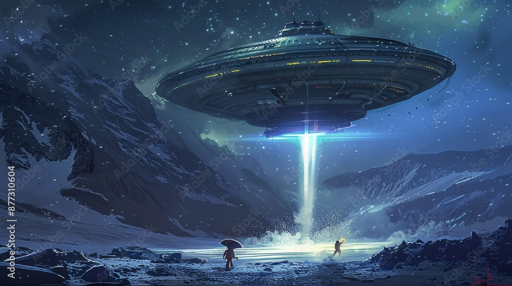 Obraz premium Illustration painting of sci-fi scene showing a spaceship abducting a human at night, digital art style
