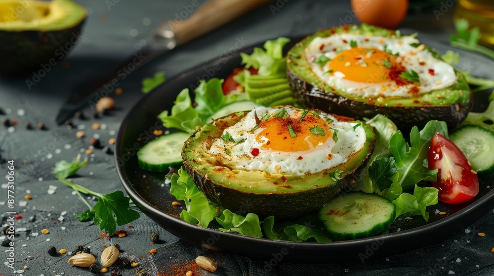 Fried egg served in avocado halves with cucumber and lettuce Fried egg served in avocado halves with cucumber and lettuce