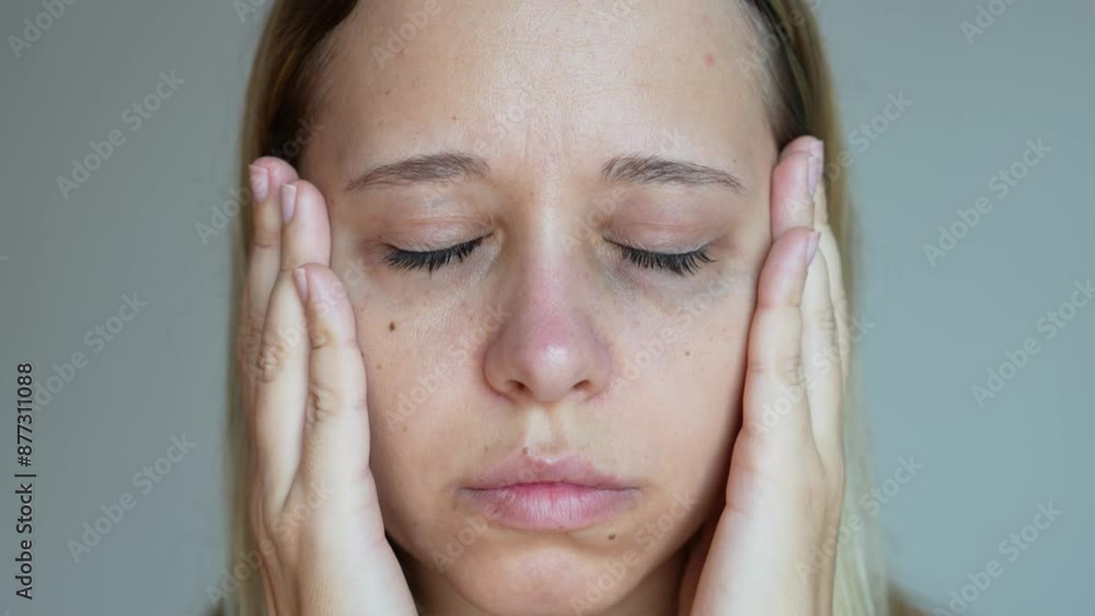 A sad young caucasian woman showing dark circles under her eyes with hand on a dark grey background. Pale skin, bruises under the eyes are caused by fatigue, lack of sleep, insomnia, stress, disease A sad young caucasian woman showing dark circles under her eyes with hand on a dark grey background. Pale skin, bruises under the eyes are caused by fatigue, lack of sleep, insomnia, stress, disease