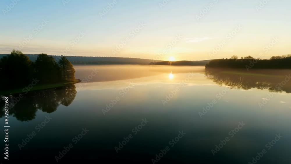 Tranquil lake sunrise with mirror-like reflection and mist Tranquil lake sunrise with mirror-like reflection and mist