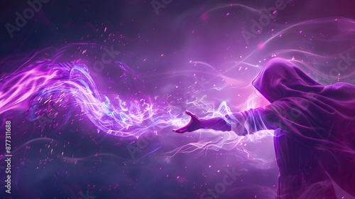 A hooded figure casting purple magic, glowing with mystical energy.