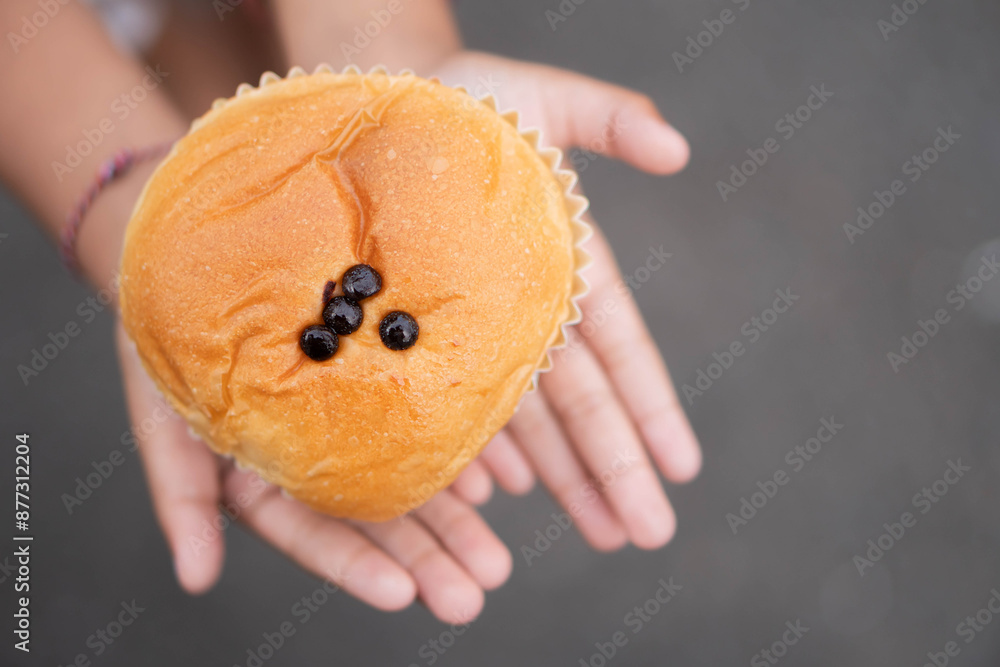 Freshly baked bun with chocolate chips on open hands Freshly baked bun with chocolate chips on open hands
