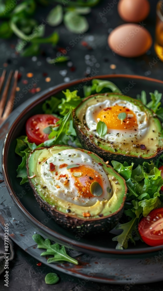 Two halved avocados filled with eggs and seasonings, served on a plate with greens and tomatoes Two halved avocados filled with eggs and seasonings, served on a plate with greens and tomatoes