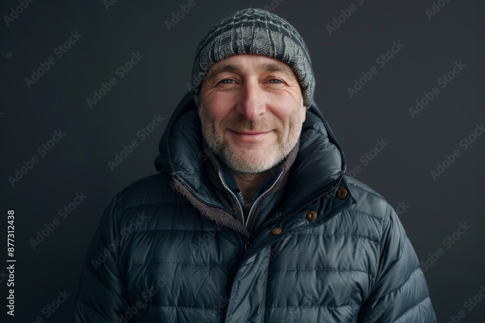 Portrait of a satisfied caucasian man in his 40s donning a durable down jacket on blank studio backdrop Portrait of a satisfied caucasian man in his 40s donning a durable down jacket on blank studio backdrop