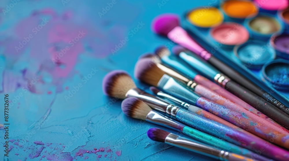 Colorful makeup brushes and eye shadows on a blue background Colorful makeup brushes and eye shadows on a blue background