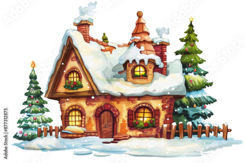 Illustration of a cozy winter cottage decorated for Christmas