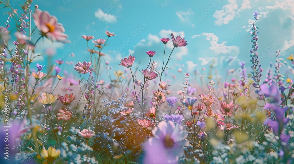 The suns rays illuminate the colorful flowers in the grassland, creating a beautiful natural landscape within the plant community The suns rays illuminate the colorful flowers in the grassland, creating a beautiful natural landscape within the plant community