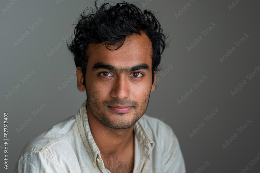 Portrait of a tender indian man in his 20s wearing a simple cotton shirt on blank studio backdrop Portrait of a tender indian man in his 20s wearing a simple cotton shirt on blank studio backdrop