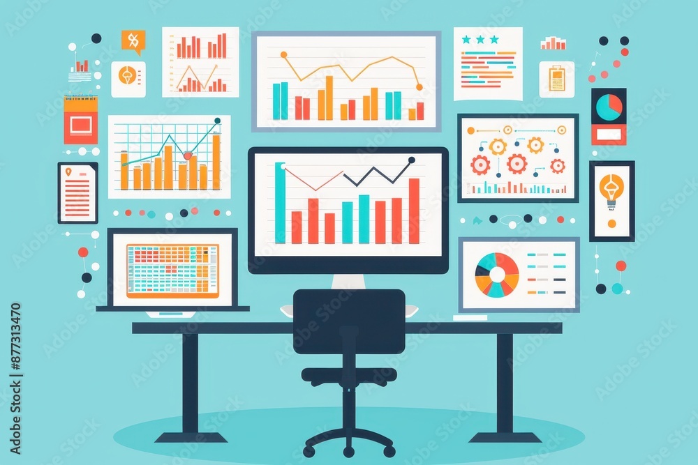 Modern analytics dashboard with charts and graphs on multiple screens. Data visualization for business insights and performance tracking. Modern analytics dashboard with charts and graphs on multiple screens. Data visualization for business insights and performance tracking.