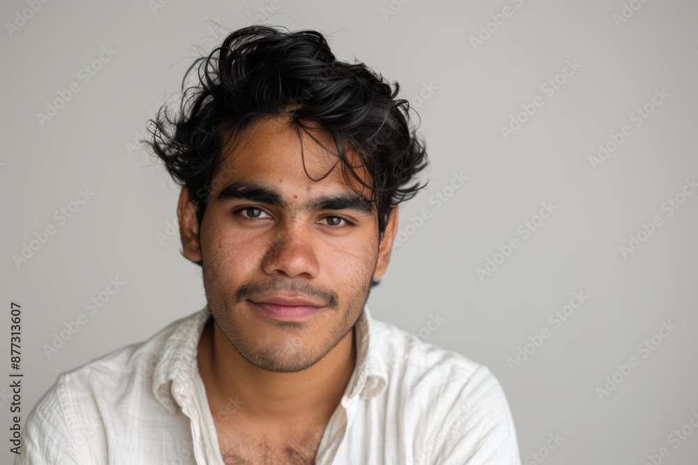 Portrait of a tender indian man in his 20s wearing a simple cotton shirt over blank studio backdrop Portrait of a tender indian man in his 20s wearing a simple cotton shirt over blank studio backdrop