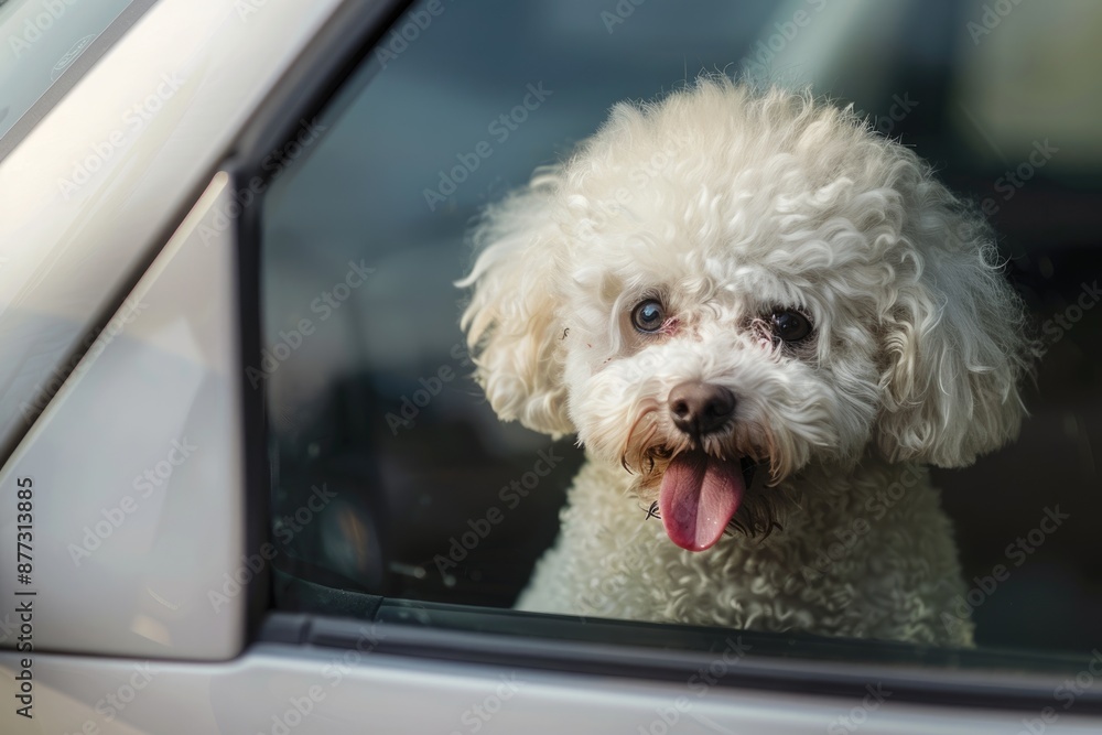 Pet In Car. Bichon Frise Dog Looking Out of Car Window Pet In Car. Bichon Frise Dog Looking Out of Car Window