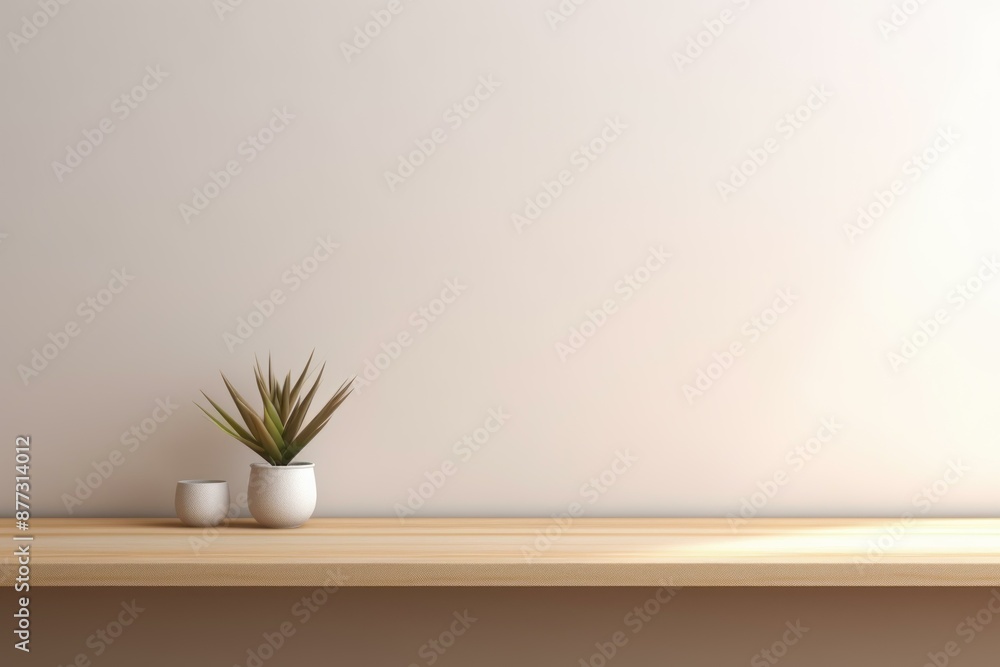 Serene interior scene featuring a wooden shelf with a green potted plant and a small white cup Serene interior scene featuring a wooden shelf with a green potted plant and a small white cup