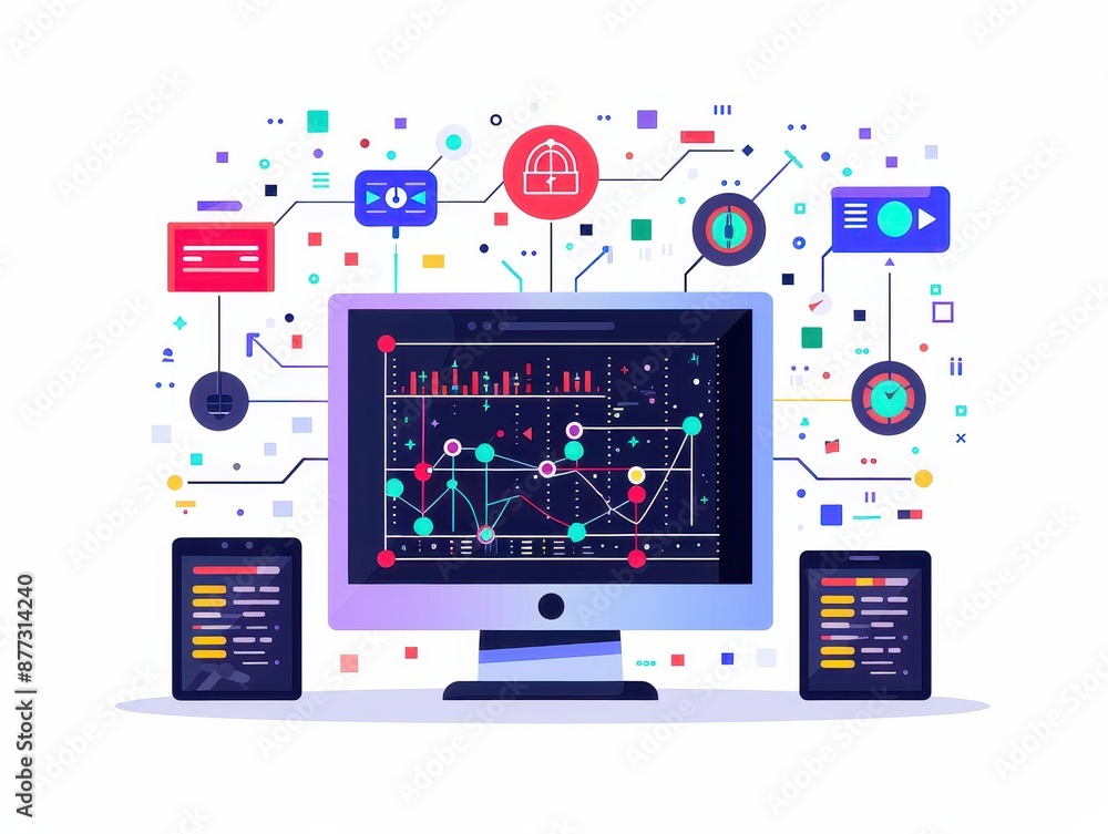 Illustration of data analytics concept with a computer screen displaying graphs and charts surrounded by various symbolic icons and elements. Illustration of data analytics concept with a computer screen displaying graphs and charts surrounded by various symbolic icons and elements.