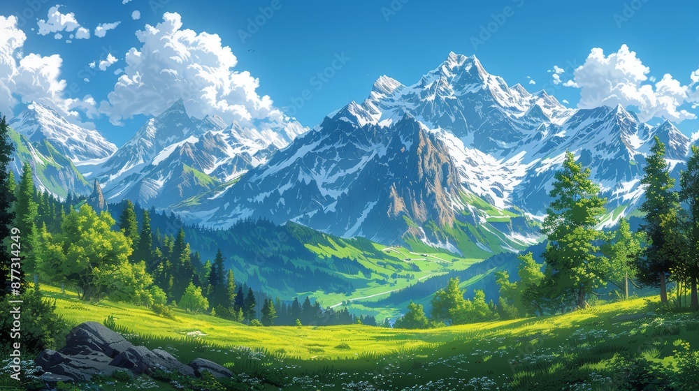 Obraz premium A Cartoonish Alpine Adventure with a Cartoonish Twist in the Scenic Swiss Landscape.