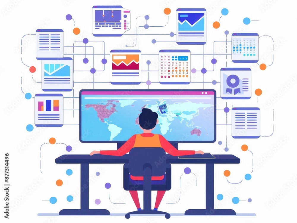 Illustration of a person working at a desk with multiple data analytics charts and graphs on a large screen, focusing on global data processing. Illustration of a person working at a desk with multiple data analytics charts and graphs on a large screen, focusing on global data processing.