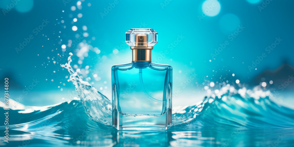 perfume bottle on the background of blue waves sea freshness perfume bottle on the background of blue waves sea freshness