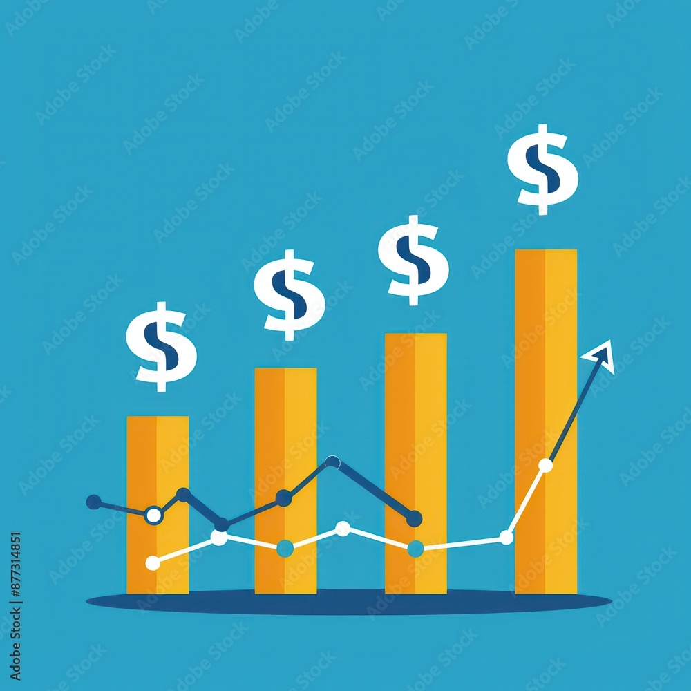 Illustration of a bar chart with rising columns and dollar signs, representing financial growth, success, and profit increase. Illustration of a bar chart with rising columns and dollar signs, representing financial growth, success, and profit increase.