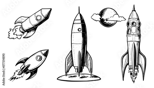 Set of rockets sketch illustration in black white,  generative ai