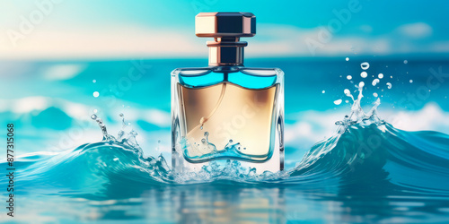 perfume bottle on the background of blue waves sea freshness