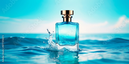 perfume bottle on the background of blue waves sea freshness