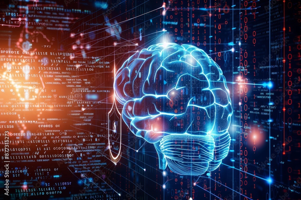 Fototapeta premium a human brain juxtaposed with a holographic AI brain, both connected by a stream of light, with a shield symbol indicating protection on one side and abstract light rays indicating benefits on the oth
