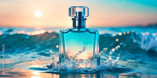 perfume bottle on the background of blue waves sea freshness