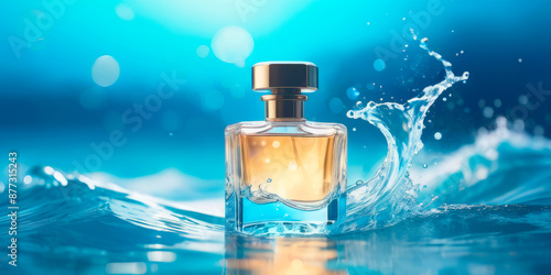 perfume bottle on the background of blue waves sea freshness