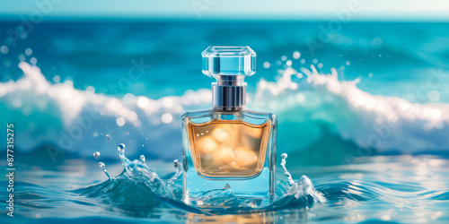 perfume bottle on the background of blue waves sea freshness
