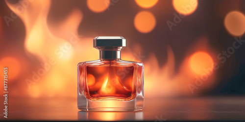 a bottle of perfume on a background of fire heat