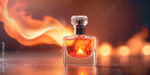 a bottle of perfume on a background of fire heat
