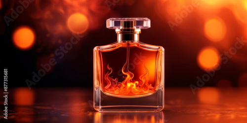a bottle of perfume on a background of fire heat