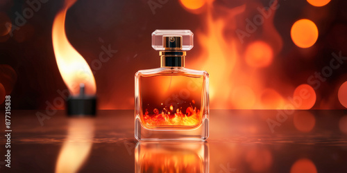 a bottle of perfume on a background of fire heat