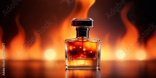 a bottle of perfume on a background of fire heat