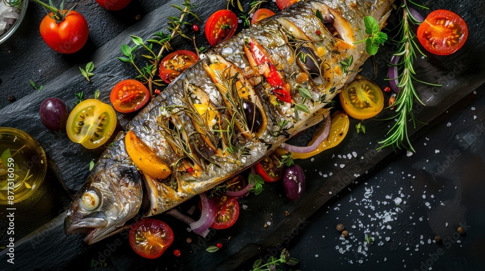 Grilled fish with tomatoes, onions, and herbs on a black slate serving board Grilled fish with tomatoes, onions, and herbs on a black slate serving board